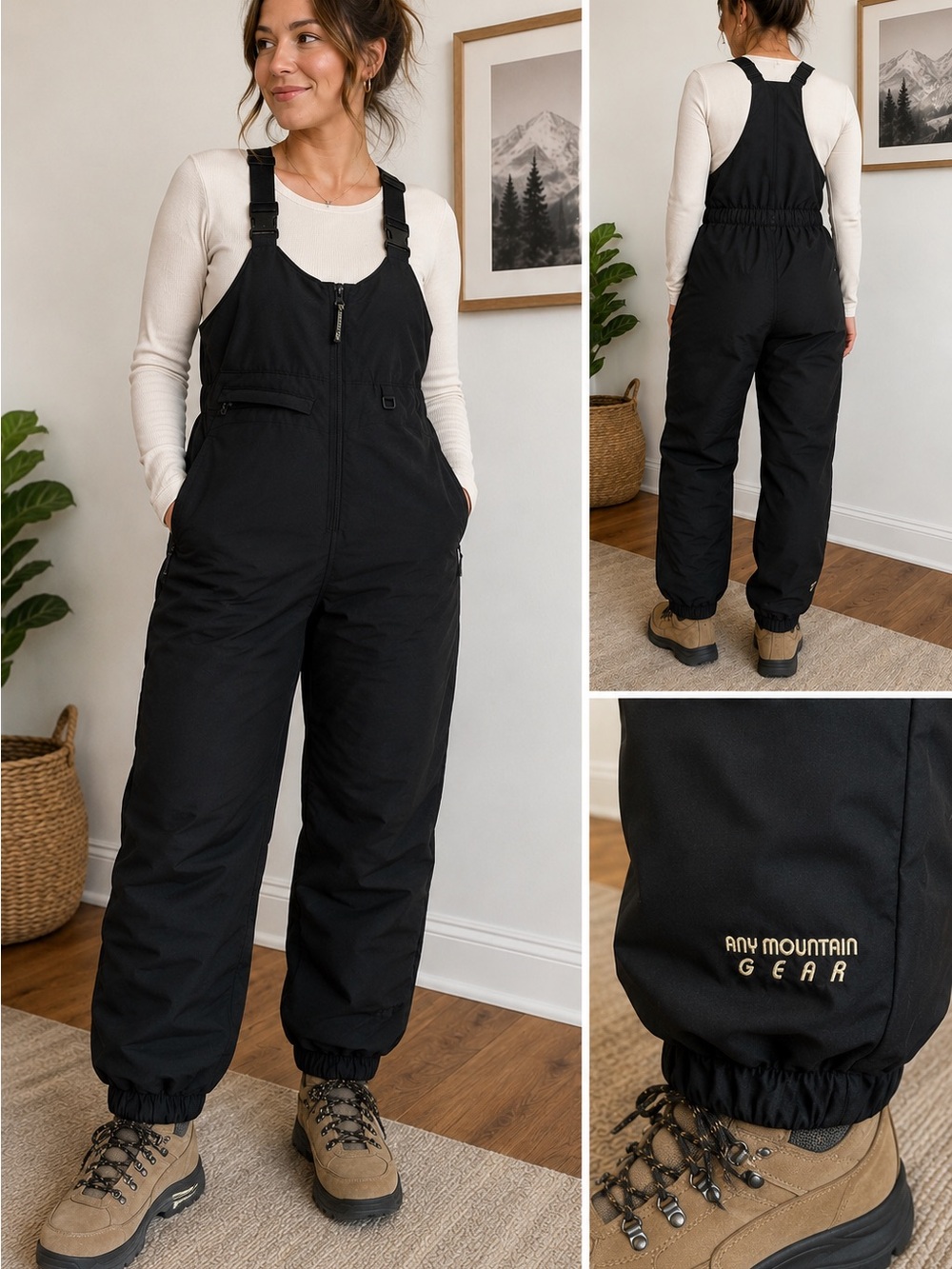 Vintage Any Mountain Gear Women’s Black Insulated Ski Snow Bibs Overalls Size 10